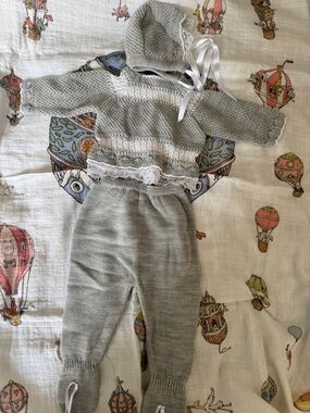 Knit Baby Two-Piece Set in Light Gray with Lace Trim